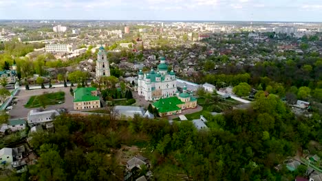 Aerial-view-at-the-town-from-the-top-of-the-highest-buildings-in-Chernigov---Troitsko-Ilyinsky-Monastery-bell-tower.