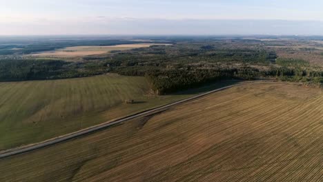 Flight-above-countryside-green-fields,-forest,-and-village-early-spring,-aerial-panoramic-view.