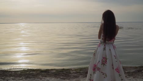 Nice-young-girl-in-a-long-beautiful-dress-walks-by-the-river