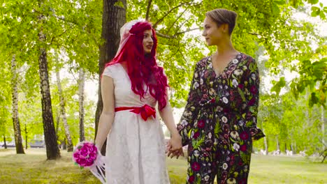 Lesbian-wedding.-The-bride-and-groom-are-walking-in-the-park