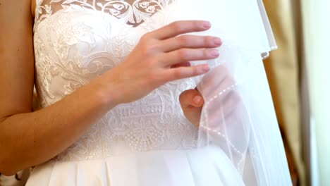 honorarios-de-la-novia.-primer-plano,-las-manos-de-la-novia-con-una-manicura-suave-sostienen-un-velo-blanquísimo,-contra-el-fondo-de-un-vestido-de-encaje-blanco.-Detalles-del-vestido-de-boda,-de-cerca