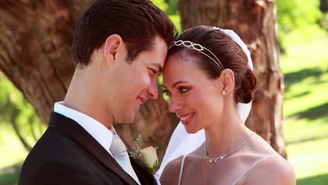 Feliz-pareja-de-recién-casados,-que-abrazan-y-sonriendo-a-la-cámara