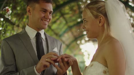 Novia-y-novio-intercambiar-anillos-de-boda-en-un-parque-soleado.