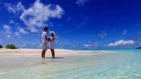 v07381-Maldives-white-sandy-beach-2-people-young-couple-man-woman-proposal-engagement-wedding-marriage-on-sunny-tropical-paradise-island-with-aqua-blue-sky-sea-water-ocean-4k