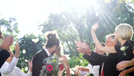 Guests-toss-petals-while-bride-and-groom-kissing-4K-4k