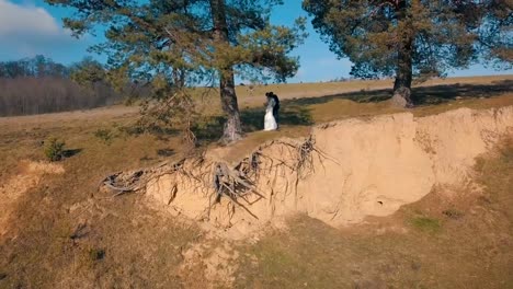 Ein-Junge-und-schöne-Hochzeitspaar-zusammen-an-einem-Hang-des-Berges-stehen.-Tag-der-Hochzeit.-Luftaufnahme