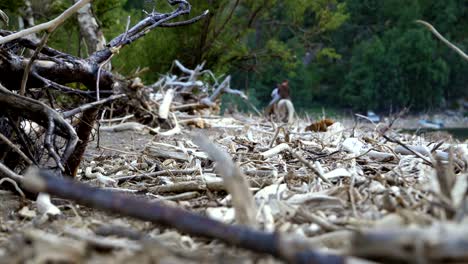 Eine-Gruppe-von-Fahrern-auf-dem-Pferderücken-Spaziergänge-entlang-der-sandigen-Ufer-eines-Bergsees.