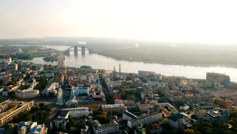 Aerial-Video-footage-Kiev-Kyiv-Ukraine.-Podil-historical-city-center.-Down-town.-River-and-bridge.