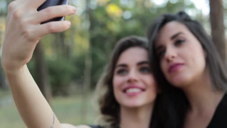 Freundinnen-unter-einem-Selfie-mit-dem-Handy-im-park