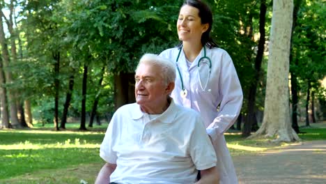 Granddaughter,-nurse,-caring-for-the-elderly,-girl-(woman),-grandfather,-happy,-freedom,-running-around-in-the-park.