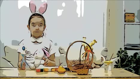 Little-cute-and-adorable-girl-is-smiling-and-playing-with-Easter-bunnies-in-her-hands.-Concept-Easter-holiday.