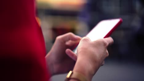 lose-up-view-of-female-person-using-mobile-phone-app-for-chatting-online,-woman's-hands-holding-smartphone-connected-to-4G-internet-while-typing-on-screen-text-message