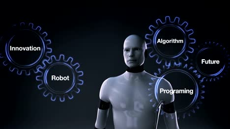 Engranaje-con-programación,-algoritmo,-futuro,-innovación,-Robot-tocando-'-A.-I'