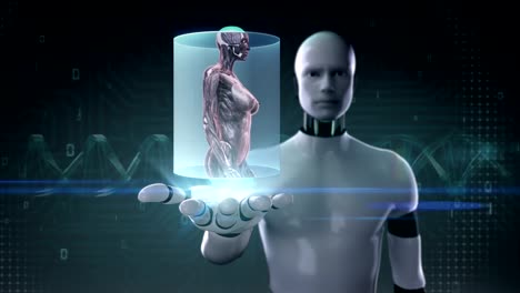 Robot-open-palm,-Zooming-Female-body-and-scanning-human-muscle.