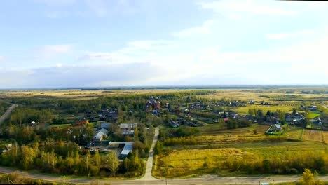 Aerial-shot,-flying-over-Russia-towards-church