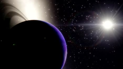 Timelapse-space-animation-of-a-purple-rocky-planet-with-rings-and-a-galaxy-in-the-background