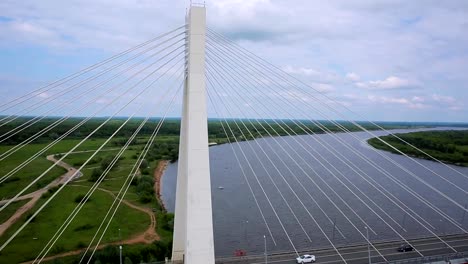 aerial-shot-beautiful-bridge-over-the-river-Oka-in-Murom,-Russia