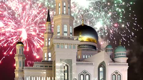 Moscow-Cathedral-Mosque-and-fireworks,-Russia----the-main-mosque-in-Moscow,-new-landmark