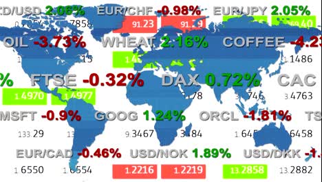 forex-stock-market-ticker-board-and-holographic-earth-map-on-background---new-quality-financial-business-animated-dynamic-motion-video-footage