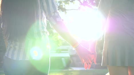 female-couple-are-taking-each-other's-hands-with-LGBT-symbol-on-nature