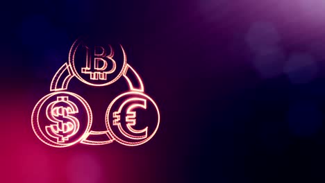 Symbol-Bitcoin-Euro-und-Dollar-in-eine-kreisförmige-Reihe.-Finanziellen-Hintergrund-Glühen-Teilchen-gemacht.-Glänzende-nahtlose-3D-Animation-mit-Tiefe-des-Feldes,-Bokeh-und-Kopie-Raum...-Violette-Farbe-V2