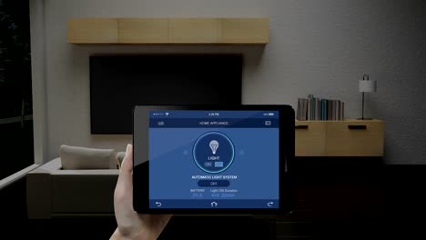 Berühren-IoT-smart-Pad,-Tablet-Anwendung,-leichte-Lampe-Energiesparen-Erfolgskontrolle-im-Wohnzimmer,-intelligente-Haushaltsgeräte,-Internet-der-Dinge.-4-k-Film.