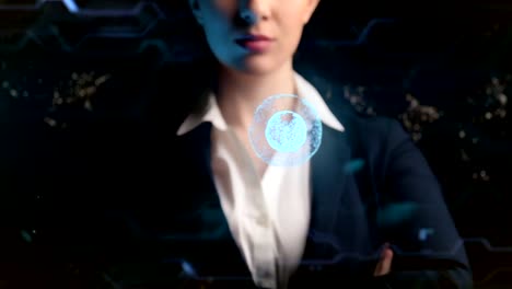 Futuristic-business-woman,-uses-a-hologram-of-the-world-ball.-Logo-Mockup.-Concept:-future,-fast-Internet,-network,-communication,-social-media.