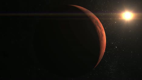 Planet-Mars.-Die-Sonne-im-Rahmen-von-rechts-oben.-Mars-bewegt-sich-auf-der-linken-Seite.-Die-Kamera-fliegt-in-der-Nähe-des-Planeten-Mars.-Blick-vom-Platz.-Sterne-funkeln.-4K.