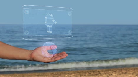 Manos-masculinas-en-la-playa-con-el-robot-moderno-holograma