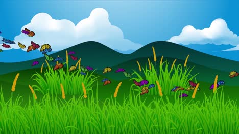 Frohe-Osterferien-Begrüßung-Animation-Grassland-Landschaft-mit-farbigen-Eggen,-Bunny-Ears,-Und-Schmetterlingen