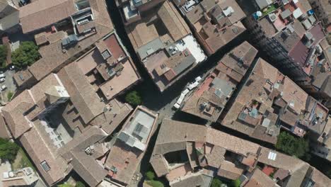 Top-view-of-roofs-in-old-Girona-town,-Catalonia