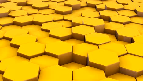 Abstract-yellow-cubes-3d-motion-footage.-Moving-random-blocks-with-hexagon-surfaces-realistic-animation.-Geometric-dynamic-perspective-view-background.-Mosaic-cubes-structure-4k-video