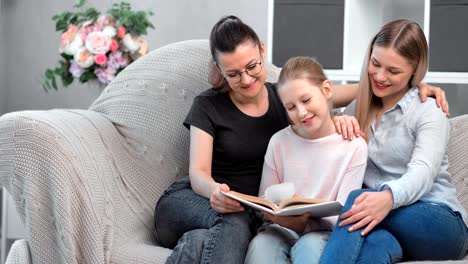 Zwei-glückliche-junge-lächelnde-gleichgeschlechtliche-Mutter-lesen-Buch-mit-ihrer-Tochter-im-häuslichen-Inneren