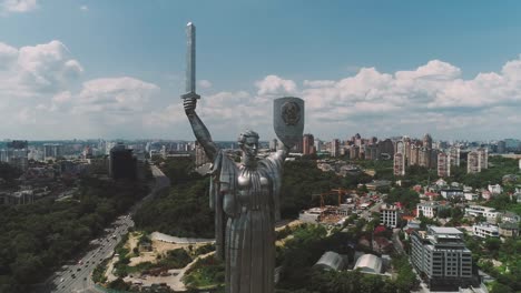 Stainless-Steel-Sculpture-of-Motherland-on-Bank-of-Dnieper-River,-Kiev,-Ukraine.