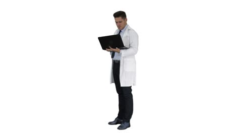 Doctor-showing-results-in-laptop-on-white-background