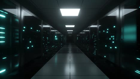 Endless-flight-along-server-blocks.-Data-center-and-internet.-Server-rooms-with-working-flickering-panels-behind-the-glass.-Technology-corridor.-Seamless-loop-3d-render