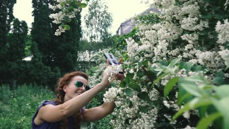 Smartphone.-Eine-junge-Frau-nimmt-Blumen-auf-einem-Smartphone.