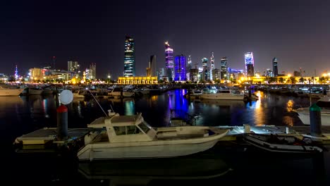 Yachts-and-boats-at-the-Sharq-Marina-night-timelapse-hyperlapse-in-Kuwait.-Kuwait-City,-Middle-East