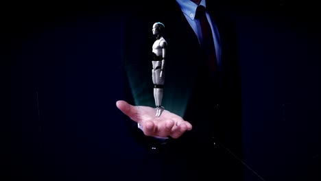 Businessman-open-palm,-Rotating-transparency-3D-robot-body.