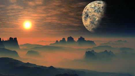 Hellen-Sonnenaufgang-über-die-Misty-Planeten-Aliens