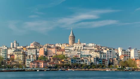 Beyoglu-district-historic-architecture-and-Galata-tower-medieval-landmark-timelapse-in-Istanbul,-Turkey