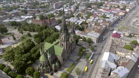 Flying-over-Church-Of-St.-Elizabeth-In-Lviv,-Ukraine