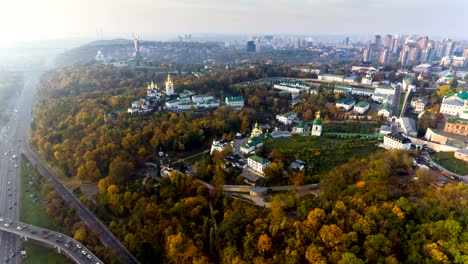 KIEV,-UKRAINE-October-19,-2017:-Flight-over-the-embankment-of-the-city-of-Kiev,-Ukraine