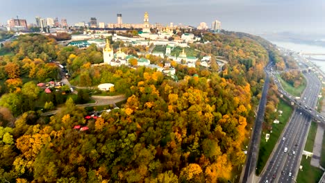 Flight-over-the-embankment-of-the-city-of-Kiev,-Ukraine