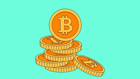 Animación-de-monedas-de-oro-con-bitcoin-muestra-en-estilo-plano.