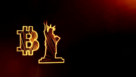 Bitcoin-logo-and-a-statue-of-freedom.-Financial-background-made-of-glow-particles-as-vitrtual-hologram.-Shiny-3D-loop-animation-with-depth-of-field,-bokeh-and-copy-space.-Dark-background-v2