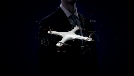 Businessman-touching-Rotating-Drone,-Quadrocopter,-with-futuristic-user-interface,-Virtual-graphic.-4k.