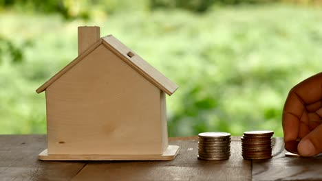 Die-Frauen-insert-Coin-in-einem-Haus-mit-Natur-Hintergrund