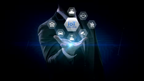 Businessman-opens-palm,-IoT-hexagon-icon,-Home-security,-cctv,-smart-city,-mobile-app,-car,-internet-of-thing.-4K-movie.