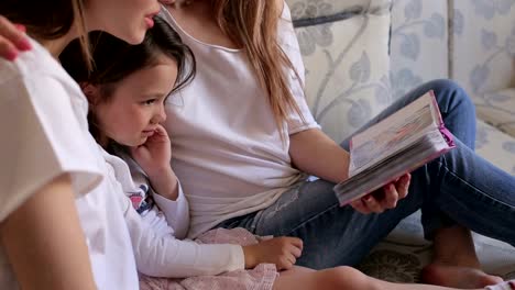 Nahaufnahme-von-Mutter-und-Tochter-und-Schwester,-die-gerade-des-Fotoalbums-zu-Hause-auf-der-couch